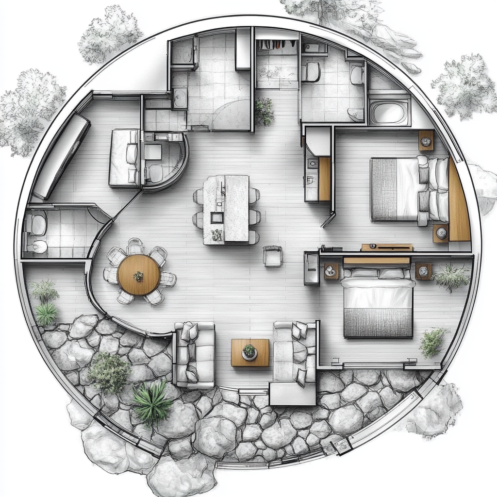 architectural floorplan for geodesic dome house