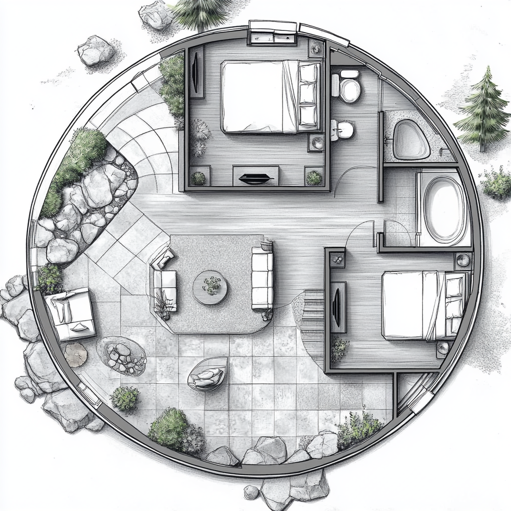 interior architectural floorplan for geodesic dome house